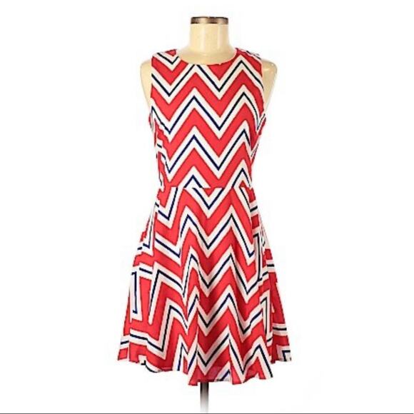 Everly fit and flare zig zag dress in red, white and blue, size medium - Picture 1 of 7